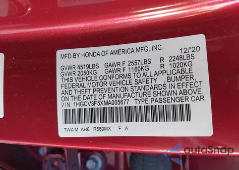 2021 Honda Accord Hybrid Ex-L from USA, damaged, VIN 1HGCV3F5XMA005677